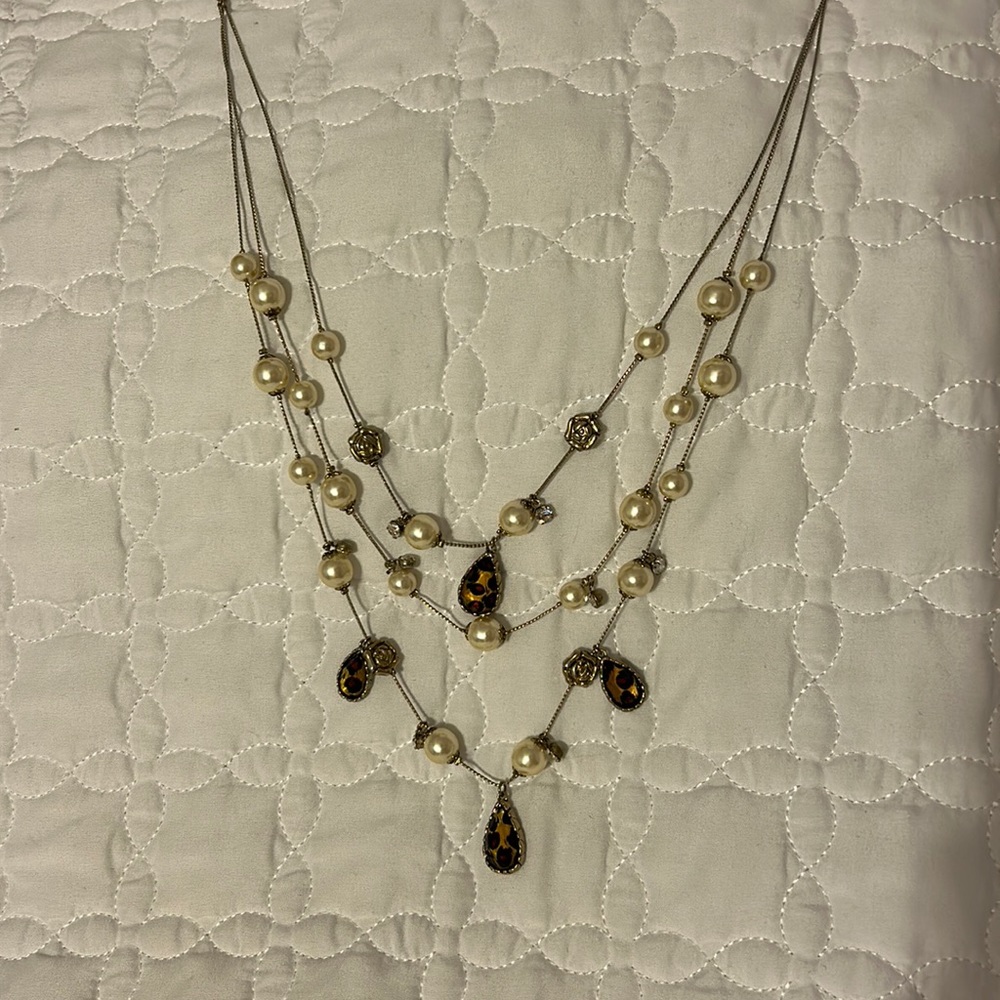 Betsey Johnson 3 Layer Faux Pearl and Leopard Pendant Necklace